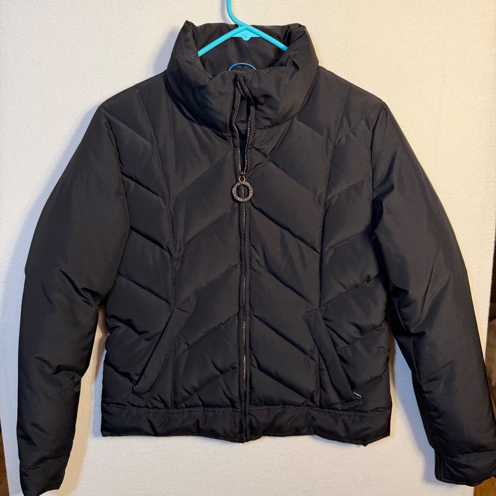 Erin Snow Womens Black Chevron Quilted Puffer Jacket Funnel Neck Ski Coat